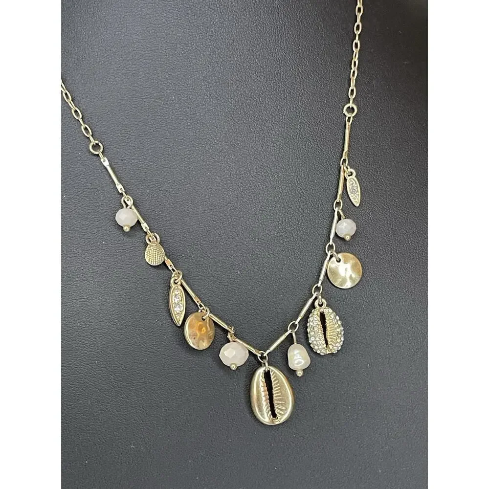 Rhinestone Gold Sea Shell Charms And White Pearl Beads Necklace Beach